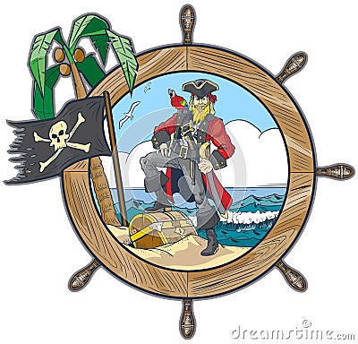 Vector Pirate in Ships Steering Wheel Design Vector Illustration
